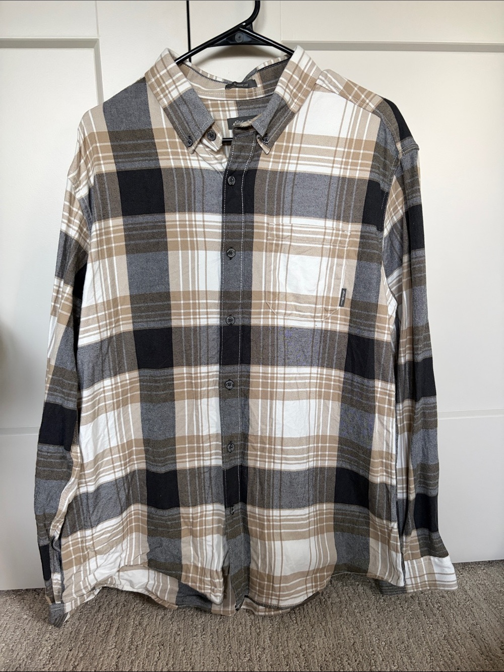 Eddie Bauer Beige Gray & Black Plaid Button-Down Shirt